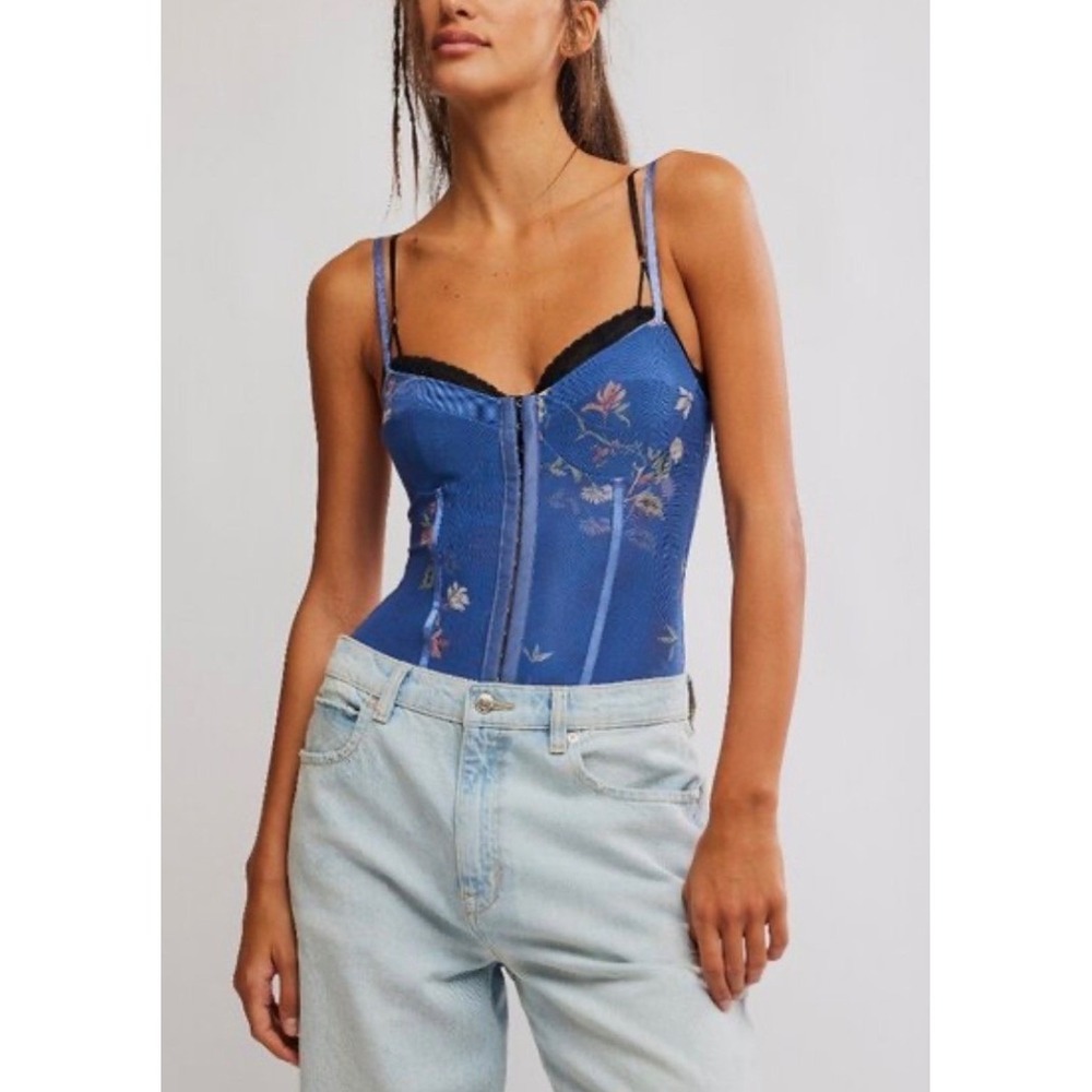Intimately Free People Blue Floral Mesh Corset Bodysuit Hook Eye Medium